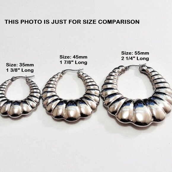 45mm Shrimp Hoop Pierced Earrings Silver Scalloped Graduated Oval - Picture 5 of 7